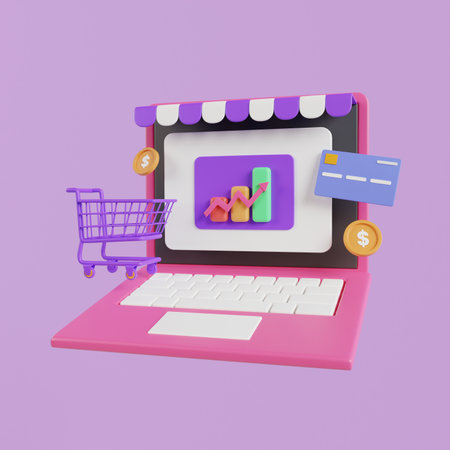 Online shopping 3d illustration, online store, online payment and delivery concept.の写真素材