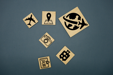 Cubes Dices with travel symbols and the german word for travel - Reise.の写真素材