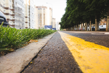 wet asphalt road with sun reflections and trees - instant vintage square photoの写真素材