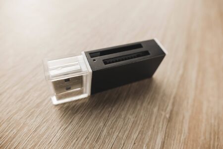 USB 3.0 Flash Drive on wood background.の写真素材