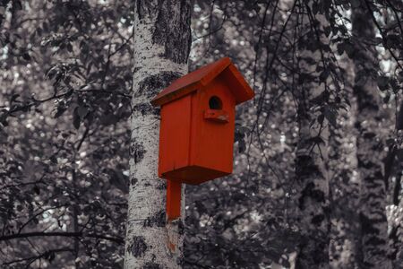 Red color painted birdhouse. Nesting box on treeの写真素材