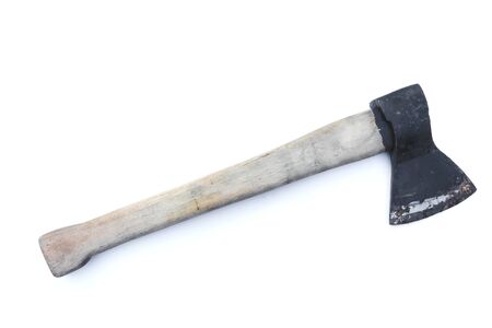 black ax with wooden handle isolated on white backgroundの写真素材