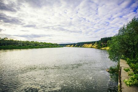 Forest lake summer landscape. Summer forest lake panorama.