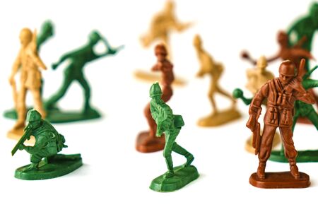 army of toy soldiers isolated white backgroundの写真素材