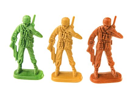 plastic toy army chief talking on white backgroundの写真素材
