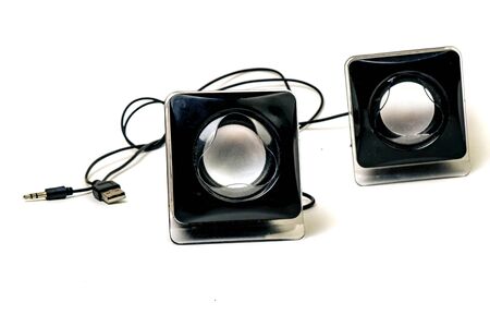 two black speakers isolated on white background.の写真素材