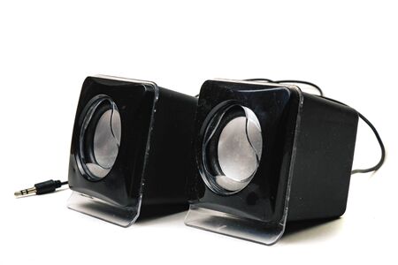 two black speakers isolated on white background.の写真素材