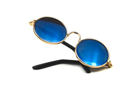 round sunglasses with blue glass isolated on white background.の写真素材