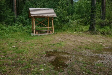 wooden gazebo standing deep in the forestの写真素材