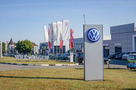Moscow, Russia - september 1, 2019: place of sale of Volkswagen cars. Building of Volkswagen car selling and service center with Volkswagen signのeditorial素材
