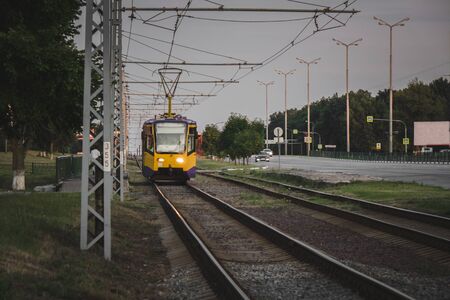 Moscow Russia 29 may 2019. yellow tram moves along the route in the evening.のeditorial素材