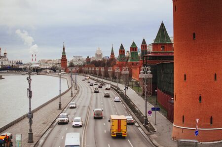 Russia Moscow January 1, 2020 view of the side of the Red Square along with the highway and the Moscow Riverのeditorial素材