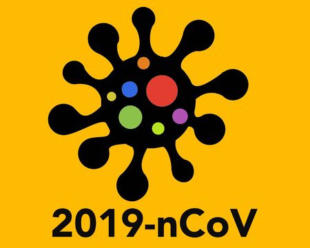 black emblem of the new coronavirus on an orange background.の写真素材