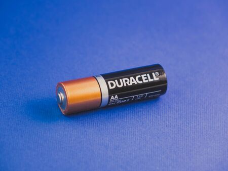 Russia Moscow January 29, 2020. the duracel battery lies sideways on a blue background