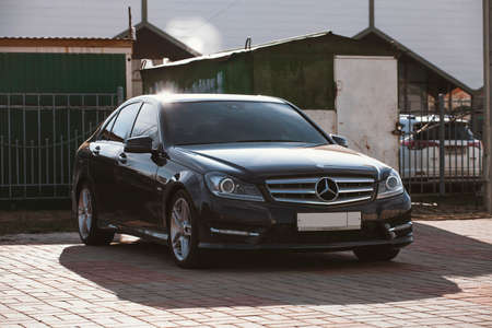 Black Mercedes-Benz standing in the open air. Russia Moscow March 30 2020.のeditorial素材