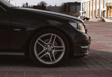 the front of a black Mercedes-Benz car. Russia Moscow March 30 2020.のeditorial素材