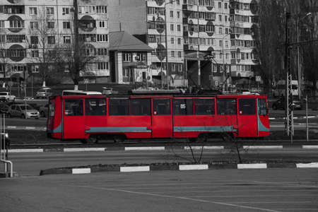 black and white photo and red tram rides in the city center. Russia Moscow March 30 2020のeditorial素材