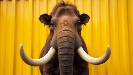 Portrait of a mammoth's face standing strictly in front of the camera against a yellow fenceの素材