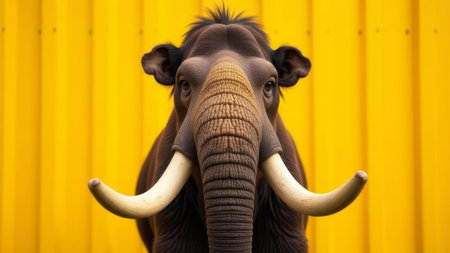 Portrait of a mammoth's face standing strictly in front of the camera against a yellow fenceの素材