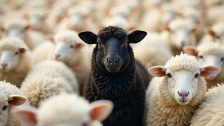 A unique black sheep standing out amidst a crowd of white sheep, highlighting individuality and diversity in a flock.の素材