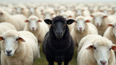 A unique black sheep standing out amidst a crowd of white sheep, highlighting individuality and diversity in a flock.の素材