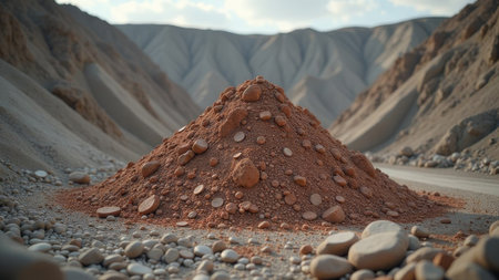 a large pile of excavated earth lies in a quarry.の素材