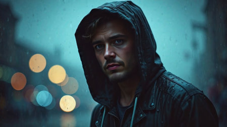 portrait of a man in heavy rain.の素材