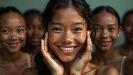 girl smiling at camera in room with her friendsの素材