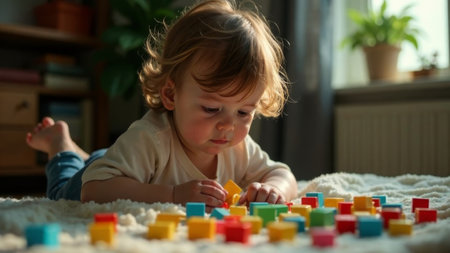 A child collects toy blocks while sitting in his roomの素材