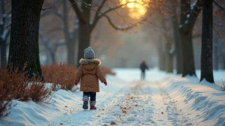 A child walks along a path in a park in winter.の素材