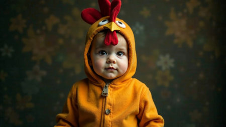 little child in rooster costume standing in front of camera.の素材