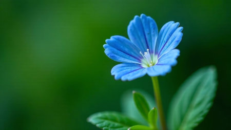 a blue flower with green leaves in the foreground, set against a blurred background The flower is vibrant and stands out against the green backdrop.の素材