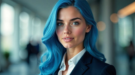 Beautiful young woman blue hair model in business suit looking at camera with clean healthy facial skin.の素材