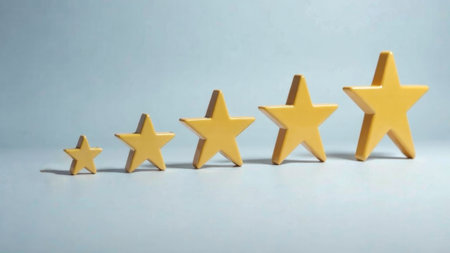 5 stars stand on a plain background of different sizes.の素材
