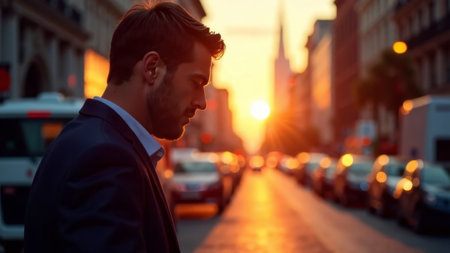 portrait of a man in a solid suit against the backdrop of a city street at sunsetの素材
