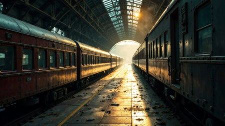 Foggy morning train station with abandoned carriages and rain-soaked platform.の素材