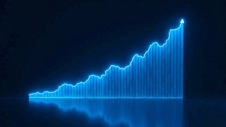 An elegant digital graph glows in neon blue with an upward arrow, demonstrating business growth on a modern dark backgroundの素材