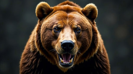 The face of an angry brown bear looking at the camera.の素材