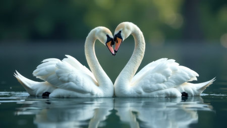 2 heart shaped swans standing on a pondの素材