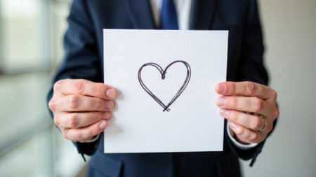 Male hands in suit holding sheet of paper with heart drawing.の素材