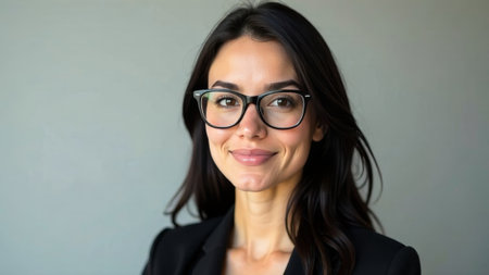 Portrait of a pretty hipster woman in glasses of European appearance with black hair on a monochromatic backgroundの素材