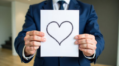 Male hands in suit holding sheet of paper with heart drawing.の素材
