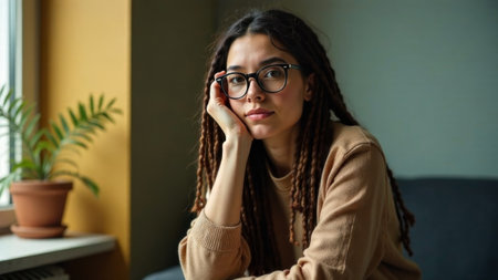 Portrait of tired hipster woman with glasses of Caucasian appearance with dreadlocks sitting in the corner.の素材