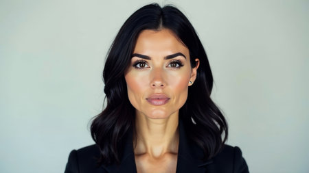 Portrait of serious adult hipster woman of Caucasian appearance with black hair.の素材