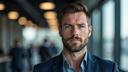 brutal man in an expensive suit with a beard and mustache standing in the office.の素材