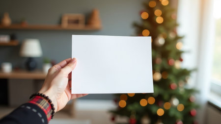 Female hand holding white sheet of paper in front of her in focus, in room near Christmas tree.の素材