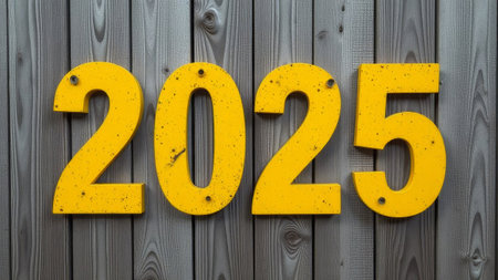 The numbers 2025 in yellow on an old wooden fence.の素材