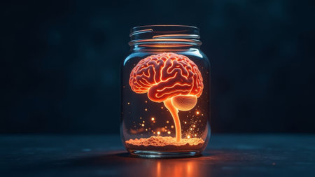 The glowing brain inside the jar symbolizes intelligence, creativity and innovation in the dark laboratoryの素材