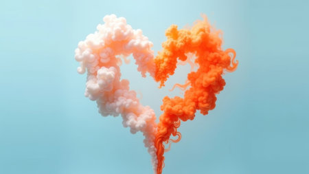 The thick smoke in the shape of a heart combines bright orange and white colors on a light blue background, symbolizing loveの素材