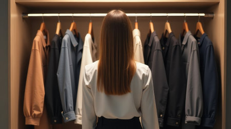 Young woman choosing outfits in a stylishly organized indoor wardrobe seen from the backの素材